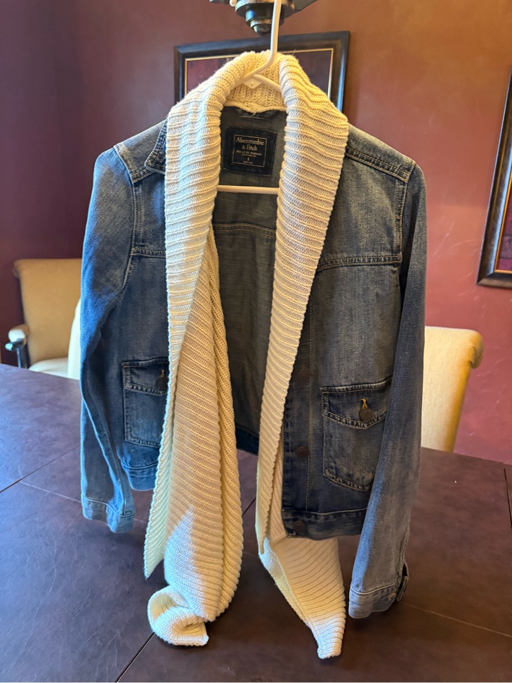 Abercrombie & Fitch girls Blue Denim Jacket with Cream Knit Shawl Collar small